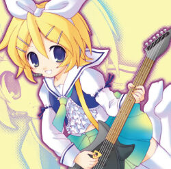 1girl 2000s_(style) album_cover ascot blonde_hair blue_eyes bow comiket_77 commentary_request cover electric_guitar fujisawa_eil full_body green_skirt guitar hair_bow headset holding holding_guitar holding_instrument holding_plectrum instrument jumping kagamine_rin long_sleeves looking_at_viewer lowres no_shoes open_mouth plectrum sailor_collar shirt short_hair skirt smile solo thighhighs vocaloid white_ascot white_bow white_sailor_collar white_shirt white_thighhighs yellow_background zoom_layer