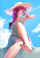 1girl 723_chfhrqur :p absurdres armpits bare_arms bare_shoulders barefoot black_bow black_nails blue_sky blunt_bangs blush bocchi_the_rock! bow braid breasts cloud commentary contrail day dress feet fingernails foot_focus foot_out_of_frame green_dress hair_bow hair_over_shoulder hat highres hiroi_kikuri knee_up long_fingernails long_hair looking_at_viewer medium_breasts nail_polish outdoors purple_eyes purple_hair single_braid sitting sky sleeveless sleeveless_dress soles solo straw_hat sweat toenail_polish toenails toes tongue tongue_out v