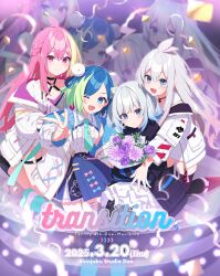 4girls :d ;d ahoge antenna_hair aqua_necktie black_jacket blue_eyes blue_hair blue_ribbon blush bouquet braid breasts bun_cover center_frills ciel_(tacitly) cleavage closed_mouth commentary_request double_bun flower frilled_shirt frills green_hair grey_hair hair_bun hair_ornament hair_ribbon heart heart_o-ring holding holding_bouquet jacket lilia_(tacitly) linlin_(tacitly) long_hair long_sleeves looking_at_viewer mamyouda medium_breasts medium_hair multicolored_hair multiple_girls necktie o-ring one_eye_closed open_clothes open_jacket open_mouth pink_hair purple_flower red_eyes ribbon shirt smile streaked_hair tacitly thigh_strap v virtual_youtuber white_flower white_jacket white_shirt xi_(tacitly)