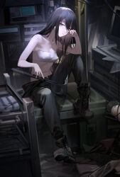 1girl axe black_hair boots covered_erect_nipples expressionless highres navel pants rff_(3_percent) tagme weapon