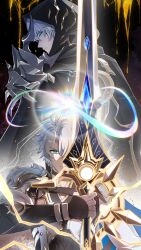2boys absurdres antenna_hair armor black_choker black_cloak black_shirt blue_cape blue_eyes cape chinese_commentary choker cloak coat commentary_request dark_persona dripping dual_persona flame_reaver_of_the_deepest_dark hair_between_eyes highres holding holding_sword holding_weapon honkai:_star_rail honkai_(series) hood hood_up hooded_cloak infinity_symbol jiechen liquid_gold looking_at_viewer looking_back male_focus multiple_boys pauldrons phainon_(honkai:_star_rail) shirt short_hair shoulder_armor single_pauldron sword weapon white_coat white_hair
