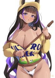 Rule 34 | 1girl, absurdres, animal ears, animal print, azur lane, bikini, bikini bottom only, blush, breasts, brown hair, cleavage, cleopatra (azur lane), commentary, cow print, cow print bikini, dark-skinned female, dark skin, english commentary, highres, holding, jackal ears, jacket, large breasts, long hair, looking at viewer, multicolored hair, partially unzipped, print bikini, purple eyes, purple hair, riflech, simple background, solo, swimsuit, symbol-shaped pupils, tan, tanline, white background, yellow jacket