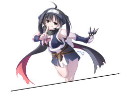 1girl 2025 :3 :q ahoge artist_name back_bow bare_shoulders black_hair black_scarf blue_bridal_gauntlets blue_kimono bow breasts bridal_gauntlets closed_mouth commentary cropped_legs dated eyes_visible_through_hair fighting_stance forehead_protector fuyu_(winter90290612) green_eyes hair_between_eyes hand_up hitachi_mako holding holding_weapon japanese_clothes kimono kuji-in kunai large_breasts looking_at_viewer ninja outstretched_arm pink_bow red_scarf scarf senren_banka short_hair_with_long_locks sleeveless sleeveless_kimono smile solo standing standing_on_one_leg thighs tongue tongue_out two-tone_scarf weapon white_bow