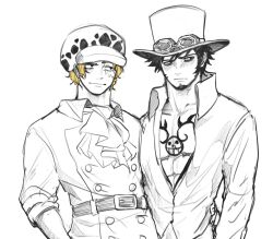 Rule 34 | 2boys, ascot, belt, black hair, blonde hair, blush, borrowed clothes, burn scar, chest tattoo, closed mouth, commentary, couple, earrings, english commentary, facial hair, fur hat, goatee, goggles, goggles on headwear, hand on another&#039;s hip, hat, headwear switch, highres, jewelry, long sleeves, male focus, mastectomy scar, monochrome, multiple boys, one piece, sabo (one piece), scar, scar across eye, scar on chest, scar on face, shirt, short hair, sketch, smile, tattoo, top hat, trafalgar law, xve009, yaoi