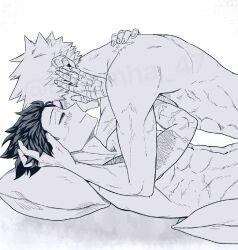 2boys abs bakudeku bakugou_katsuki bed blush boku_no_hero_academia bones_(company) crying curly_hair freckles green_hair happy_tears messy_hair midoriya_izuku multiple_boys on_bed pectorals scar scar_on_arm sex shounen_jump smile spiked_hair tears yaoi