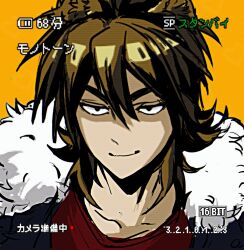 Rule 34 | &gt;:), 1boy, animal ears, battery indicator, black jacket, brown hair, chinese commentary, closed mouth, collarbone, commentary request, dixinyinli, fur-trimmed jacket, fur trim, highres, isoi reiji, jacket, looking at viewer, male focus, open clothes, open jacket, orange background, portrait, red shirt, saibou shinkyoku, sanpaku, scanlines, shirt, short hair, smile, solo, v-shaped eyebrows