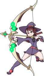 1girl archery boots bow brown_hair emiladylbekuulu hat kagari_atsuko legs little_witch_academia long_hair non-web_source red_eyes shiny_rod_(little_witch_academia) skirt studio_trigger trigger_(company) witch_hat