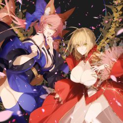 2girls ahoge animal_ears ass blue_bow bow breasts bsq cleavage epaulettes eyebrows_visible_through_hat fate/grand_order fate_(series) fox_ears fur hair_between_eyes hair_bow hair_intakes highres japanese_clothes large_breasts long_hair looking_at_viewer multiple_girls nero_claudius_(fate) nero_claudius_(fate/extra) obi petals pink_hair puffy_sleeves sash see-through_clothes smile tail tamamo_(fate) tamamo_no_mae_(fate/extra) wide_sleeves yellow_eyes