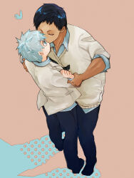 Rule 34 | 2boys, aomine daiki, ben-day dots, blazer, blue background, blue eyes, blue hair, blue shirt, clenched hand, closed eyes, collared shirt, dark-skinned male, dark skin, from above, full body, hand on another&#039;s shoulder, heart, height difference, holding another&#039;s wrist, hunched over, jacket, karakuchi2101, kiss, kuroko no basuke, kuroko tetsuya, looking at another, male focus, multiple boys, necktie, pants, partially unbuttoned, pink background, raised eyebrows, school uniform, screentones, shadow, shirt, shoes, short hair, sleeves rolled up, standing, surprise kiss, surprised, two-tone background, v-shaped eyebrows, very short hair, wide-eyed, yaoi
