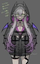 1girl black_cloak body_markings candy cloak colored_extremities demon_girl demon_horns demon_wings earrings fate/grand_order fate_(series) food harness highres horns jewelry lilith_(fate) lilith_(first_ascension)_(fate) lollipop lollipop_in_mouth nipi27 o-ring o-ring_harness pointy_ears solo wings