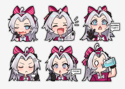 1girl :d ahoge anger_vein aqua_eyes black_gloves bow bowtie carlotta_(wuthering_waves) chibi chibi_only closed_eyes commentary cup drinking english_commentary english_text fang gloves grey_background grey_hair gun hair_bow hand_up handgun holding holding_cup holding_gun holding_weapon jacket kuroha_(rockluo213) light_blush long_hair looking_at_viewer multiple_expressions one_eye_closed open_mouth pink_bow pink_jacket reaching reaching_towards_viewer simple_background skin_fang smile striped_bow teacup tearing_up thumbs_up weapon white_bow white_bowtie wuthering_waves yawning