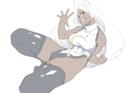 1girl animal_ears bare_shoulders boku_no_hero_academia breasts commentary_request covered_navel dark-skinned_female dark_skin dyun heattech_leotard large_breasts leotard long_hair mirko rabbit_ears rabbit_girl rabbit_tail red_hair simple_background sleeveless solo tail teeth thighhighs turtleneck very_long_hair white_background white_hair