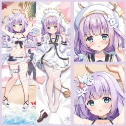 Rule 34 | :o, angel, angel wings, beach, blue eyes, blush, body pillow, bow, close-up, dress, feathered wings, flower, full body, hair between eyes, hair flower, hair ornament, halo, kazekami chino, long hair, long sleeves, low twintails, lying, maimai (game), pantyhose, pillow, pleated dress, sailor collar, sailor dress, sandals, shy, solo, swimsuit, twintails, watermark, white dress, white pantyhose, white sailor collar, white wings, wings, yurisaki mika (maimai)