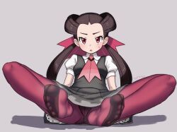 1girl black_dress blush breasts brown_hair creatures_(company) dress eyelashes feet forehead full_body game_freak grey_background long_hair looking_at_viewer neckerchief nintendo open_mouth panties panties_under_pantyhose pantyhose pink_neckerchief pleated_dress pokemon pokemon_oras puffy_short_sleeves puffy_sleeves purple_eyes purple_pantyhose roxanne_(pokemon) shadow short_dress short_sleeves signature simple_background sitting sleeveless sleeveless_dress small_breasts soles solo toe_seam toes twintails underwear vchii_usagi very_long_hair