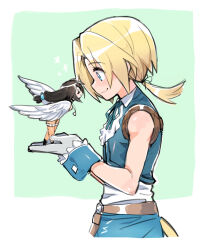 1boy 1girl bare_shoulders bird bird_girl bird_on_hand black_hair blonde_hair blue_pants blue_wrist_cuffs bodysuit border cat_tail closed_eyes couple cropped_vest dede_(qwea_00000) final_fantasy final_fantasy_ix garnet_til_alexandros_xvii gloves green_background grey_gloves hetero in_palm leaning_forward long_hair low-tied_long_hair low_ponytail medium_hair orange_bodysuit pants parted_bangs ponytail shirt sleeveless sleeveless_shirt smile tail thigh_strap upper_body vest white_border white_shirt white_wings wings wrist_cuffs zidane_tribal