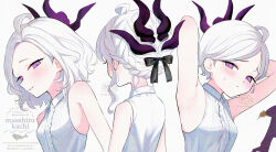 alternate_hairstyle armpits blue_archive blush breasts closed_mouth commentary_request demon_horns hair_ribbon highres hina_(blue_archive) horns masshirokachi purple_eyes ribbon sidelocks sleeveless smile white_background white_hair white_sleeves wings