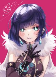 1girl :q aqua_eyes bare_shoulders black_gloves blue_hair blunt_bangs commentary dice earrings elbow_gloves genshin_impact gloves heart heart_of_string highres jewelry looking_at_viewer onigiri_(sumisaza) pink_background short_hair simple_background sleeveless smile solo tongue tongue_out upper_body yelan_(genshin_impact)