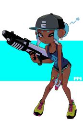 1girl bare_shoulders baseball_cap black_hat black_shorts blue_hair blue_tank_top bracelet collarbone dark-skinned_female dark_skin fingernails full_body green_shoes grey_eyes hat holding holding_weapon imaikuy0 jewelry looking_at_viewer nintendo octoling octoling_girl octoling_player_character one_eye_closed parted_lips ponytail sharp_fingernails shoes short_hair short_ponytail shorts sidelocks solo splat_bomb_(splatoon) splatoon_(series) splattershot_pro_(splatoon) standing tank_top tentacle_hair weapon