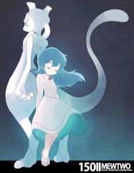 1girl amber_(pokemon) back-to-back closed_eyes dress gen_1_pokemon green_hair legendary_pokemon mewtwo nintendo pokedex_number pokemon pokemon:_the_first_movie_-_mewtwo_strikes_back pokemon_(anime) pokemon_(classic_anime) pokemon_(creature) sandals shigino_sohuzi size_difference