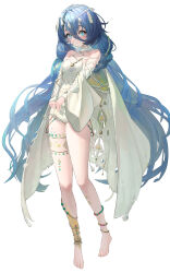 Rule 34 | 1girl, 37 (down in the grotto) (reverse:1999), 37 (reverse:1999), anklet, bare shoulders, barefoot, blue eyes, blue hair, bolcham, breasts, cape, detached sleeves, full body, hair ornament, highres, jewelry, leg tattoo, long hair, looking at viewer, official alternate costume, one-piece swimsuit, reverse:1999, small breasts, smile, solo, standing, swimsuit, tattoo, very long hair, white background, white cape, white one-piece swimsuit, white sleeves