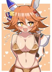 +_+ 1girl absurdres animal_ears arms_behind_back averting_eyes bikini blush border breasts cleavage clover_hair_ornament collarbone commentary_request cowboy_shot daruma_doll ear_covers flipped_hair four-leaf_clover_hair_ornament gold_bikini hair_between_eyes hair_ornament heart highres holding horse_ears horse_girl horse_tail ken725011186 large_breasts looking_to_the_side maneki-neko matikanefukukitaru_(umamusume) navel open_mouth orange_background orange_hair outside_border short_hair single_ear_cover smile solo stomach swimsuit tail umamusume white_border yellow_eyes