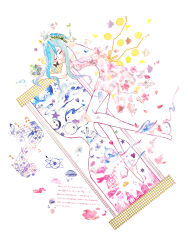 1girl abstract aqua_hair aqua_ribbon backless_dress backless_outfit bare_arms bare_legs bare_shoulders barefoot beamed_eighth_notes beamed_sixteenth_notes blue_hair breasts bug butterfly cathinthecloud closed_eyes commentary dress english_commentary english_text flower from_side highres hourglass hugging_object insect long_hair long_sidelocks masking_tape_(medium) medium_breasts mixed_media multicolored_hair musical_note musical_staff original pink_dress ribbon sidelocks signature solo star_(symbol) strapless strapless_dress traditional_media treble_clef two-tone_hair unconventional_media white_background