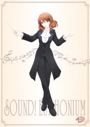 1girl black_jacket black_pants brown_eyes brown_hair conductor copyright_name formal_clothes hibike!_euphonium jacket long_sleeves musical_note oumae_kumiko pants shirt shizuki_michiru smile solo standing white_shirt