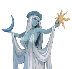 1girl azura_(the_elder_scrolls) bare_shoulders black_sclera blue_flower blue_rose blue_skin breasts colored_sclera colored_skin cowboy_shot crescent_moon drawfag dress flower head_wreath large_breasts looking_at_viewer moon red_eyes rose shawl solo sun_symbol the_elder_scrolls veil white_dress white_shawl white_veil