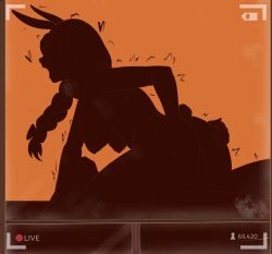 1boy 1girl animal_ears ass braid breasts completely_nude cowgirl_position fuzzlogik grabbing_another&#039;s_ass groping heart hetero highres hololive large_breasts livestream long_hair motion_lines nude open_mouth orange_background pekomama rabbit_ears rabbit_girl rabbit_tail recording sex silhouette simple_background straddling tail vaginal virtual_youtuber