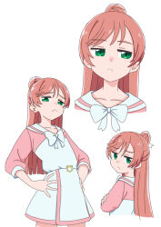 1girl absurdres bow bowtie casual closed_mouth collared_dress crossed_arms dress frown green_eyes hair_bun hair_ribbon hakuino_hakase half-closed_eyes hands_on_own_hips highres hirogaru_sky!_precure long_hair long_sleeves looking_at_viewer multiple_views nijigaoka_mashiro pink_dress pink_hair precure ribbon scrunchie short_dress simple_background single_hair_bun standing two-tone_dress white_background white_bow white_bowtie white_dress white_ribbon wrist_scrunchie