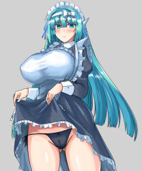Rule 34 | 1girl, android, apron, aqua eyes, aqua hair, black panties, blue eyes, blue hair, blush, bow, breasts, cameltoe, clothes lift, dress, dress lift, frills, generic ooban yaki, gluteal fold, grey background, hairband, highres, huge breasts, large breasts, lifting own clothes, long hair, long sleeves, looking at viewer, maid, maid apron, maid day, maid headdress, original, panties, puffy sleeves, ribbon, side-tie panties, simple background, skirt, skirt lift, solo, thighhighs, underwear, very long hair, y-0 (generic ooban yaki)