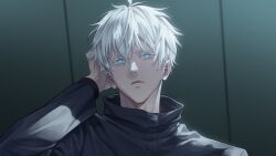 1boy absurdres black_jacket blue_eyes colored_eyelashes glowing glowing_eyes gojou_satoru hair_between_eyes hand_on_own_head high_collar highres jacket jujutsu_kaisen long_sleeves male_focus mang_chan_d parted_lips portrait short_hair solo white_eyelashes white_hair