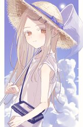 1girl absurdres blue_sky blush bow butterfly_net cloud colored_eyelashes commentary_request earrings gakuen_idolmaster hand_net hat hat_bow highres idolmaster bug_cage jewelry light_brown_hair long_hair looking_at_viewer looking_to_the_side mountain_ymmm orange_eyes shinosawa_hiro shirt sky solo straight_hair straw_hat stud_earrings sun very_long_hair white_shirt