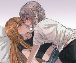 Rule 34 | 2girls, black shirt, blue ribbon, blush, braid, commentary request, eye contact, gakuen idolmaster, green eyes, grey background, grey hair, hair ribbon, half up braid, highres, idolmaster, katsuragi lilja, long hair, looking at another, mole, mole under eye, multiple girls, orange hair, parted lips, ribbon, ribbon braid, shirt, shiun sumika, short hair, short sleeves, straddling, sweat, white shirt, yashiromiya inori, yuri