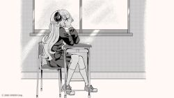 1girl animal_ears braid chair desk greyscale highres hololive horns long_hair monochrome neckerchief official_art on_chair pleated_skirt profile rino_cnc school_chair school_desk school_uniform serafuku sheep_ears sheep_girl sheep_horns shirt shoes skirt socks tsunomaki_watame very_long_hair virtual_youtuber window