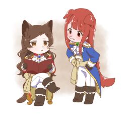2girls animal_ears animal_nose ascot black_boots black_gloves blue_coat book boots brown_hair cat_ears cat_girl cat_tail coat crossed_legs dog_ears dog_girl dog_tail epaulettes full_body furrification furry furry_female gloves holding holding_book hutaba idolmaster idolmaster_million_live! jitome kitazawa_shiho long_hair long_sleeves looking_at_another multiple_girls open_book pants red_coat red_hair sitting tail tanaka_kotoha thighhighs triangle_mouth whiskers white_ascot white_pants