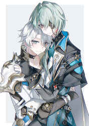 2boys anaxa_(honkai:_star_rail) armor blue_eyes closed_mouth coat eyepatch highres honkai:_star_rail honkai_(series) hug looking_at_viewer male_focus medium_hair multiple_boys one_eye_covered phainon_(honkai:_star_rail) short_hair shoulder_armor side_ponytail smile thorn72132528 upper_body white_coat yellow_pupils