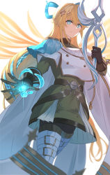 1girl belt black_legwear blonde_hair blue_bow blue_eyes boots bow braid cape crown_braid dress duel_monster epaulettes exosister_elis exosister_mikailis gloves green_dress hair_bow hair_ornament heichi highres holding holding_sword holding_weapon leg_belt long_hair single_epaulette solo star_(symbol) star_hair_ornament sword thigh_boots weapon white_boots yu-gi-oh!