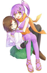 2girls black_pantyhose blush brown_eyes brown_hair closed_mouth glasses hair_ornament hairclip highres knife koga_konoha kusagakure_satoko long_hair looking_at_viewer multiple_girls ninja ninja_to_koroshiya_no_futarigurashi open_mouth pantyhose purple_hair purple_thighhighs school_uniform short_hair shuriken_hair_ornament side_ponytail simple_background smile thighhighs white_background worupenta yuri