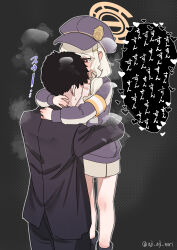 1boy 1girl absurdres aji_aji_nori aoba_(blue_archive) armband arms_around_neck black_hair black_hat black_jacket blonde_hair blue_archive bow bow_camisole camisole halo hat heart heart-shaped_pupils highres hug jacket loli long_hair long_sleeves orange_halo pink_bow red_eyes simple_background speech_bubble symbol-shaped_pupils translation_request white_camisole yellow_armband