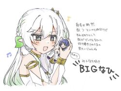 1boy 1girl alternate_costume arm_cutout armlet avhn_10 black_leggings blunt_ends blush bracelet braid bright_pupils clothing_cutout cross-shaped_pupils detached_sleeves dress genshin_impact gold green_eyes green_hair hair_between_eyes hair_ornament half-closed_eyes holding holding_mini_person jewelry leaf leaf_hair_ornament leg_warmers leggings long_hair looking_at_another mini_person multicolored_hair musical_note nahida_(genshin_impact) neck_ring official_alternate_hairstyle open_mouth pointy_ears purple_eyes purple_hair purple_sandals sandals scaramouche_(genshin_impact) shoulder_cutout side_braid streaked_hair sweatdrop symbol-shaped_pupils translation_request v-shaped_eyebrows wanderer_(genshin_impact) white_background white_dress white_hair white_leg_warmers white_pupils white_sleeves zouri
