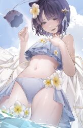 1girl absurdres bikini blue_sky blush breasts closed_mouth cloud commentary cumulonimbus_cloud day english_commentary flower gluteal_fold grey_bikini grey_eyes hair_flower hair_ornament highres hololive hololive_english holonatsu_paradise igonnaswing navel ninomae_ina&#039;nis ninomae_ina&#039;nis_(holonatsu_paradise) outdoors purple_hair short_hair sky small_breasts solo sweat swimsuit takodachi_(ninomae_ina&#039;nis) virtual_youtuber wading wet white_flower