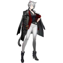Rule 34 | 1girl, allerdale (arknights), animal ears, aqua eyes, arknights, belt, black shirt, boots, breasts, cenm0, cleavage, closed mouth, coat, coat on shoulders, full body, grey hair, hand on own hip, high heel boots, high heels, jacket, jacket on shoulders, medium breasts, official art, open clothes, pants, shirt, solo, standing, tail, tiger ears, tiger tail, white pants