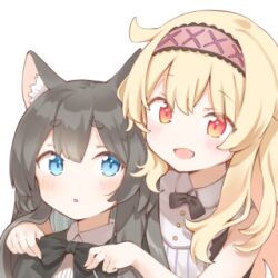 2girls animal_ear_fluff animal_ears bad_link black_bow black_bowtie black_hair blonde_hair blue_eyes bow bowtie cat_ears cat_girl dress flat_chest hairband light_blush little_witch_nobeta long_hair looking_at_another lowres multiple_girls nobeta_(witch_skin) official_art open_mouth phyllis_(human)_(little_witch_nobeta) phyllis_(little_witch_nobeta) red_eyes red_hairband simple_background sleeveless sleeveless_dress transparent_background