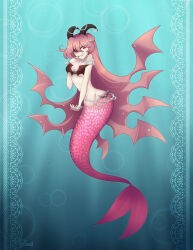 1girl bat_bra bead_bracelet bead_necklace beads blue_background bra bracelet breasts bubble cleavage closed_mouth demon_girl demon_horns finger_to_mouth funamusea gallaxi hair_over_one_eye hair_wings heart horns jewelry large_breasts lil_(funamusea) long_hair mermaid mermaid_costume mermaid_tail monster_girl navel necklace pink_hair pink_tail red_eyes red_nails shaded_face signature slit_pupils smile solo tail teeth underboob underwear very_long_hair wings