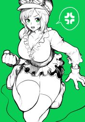 1girl absurdres anger_vein blush breasts cleavage clenched_hand commentary_request dress frilled_dress frills gloves goggles goggles_on_headwear green_background green_eyes greyscale_with_colored_background hat highres koala_(one_piece) large_breasts monochrome one_piece short_hair solo spoken_anger_vein sweat thick_thighs thighhighs thighs yotsumi_shiro