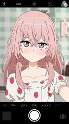1girl anime_coloring blurry blurry_background blush closed_mouth collarbone commentary_request crossed_bangs depth_of_field dot_mouth expressionless fake_phone_screenshot fake_screenshot food_print fruit_print hair_between_eyes hand_up highres indoors inui_sajuna kere_domo long_hair looking_at_viewer necktie outstretched_arm pink_eyes pink_hair print_shirt puffy_short_sleeves puffy_sleeves purple_eyes selfie shirt short_sleeves sidelocks solo sono_bisque_doll_wa_koi_wo_suru square-end_necktie straight-on strawberry_print translation_request upper_body upturned_eyes variant_set viewfinder white_shirt