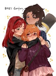 3girls ;d arm_around_neck bag black_coat black_eyes blunt_bangs blush bracelet brown_eyes brown_hair brown_pants coat crystal_earrings denim double-parted_bangs earrings english_text fur_collar glasses group_hug hair_ribbon hand_on_another&#039;s_arm hand_on_another&#039;s_shoulder hand_on_own_elbow headband high_ponytail highres hug hug_from_behind jeans jewelry looking_at_another main_character_(our_life) medium_hair multiple_girls one_eye_closed open_mouth orange_hair our_life:_now_and_forever pants pink_skirt ponytail qiu_lin_(our_life) red_eyes red_hair red_headband ribbed_sweater ribbon shirt shoulder_bag skirt smile sparkle star_(symbol) stud_earrings sweater tamarack_baumann upper_body white_background white_shirt xrsjbz