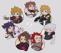 axel_(kingdom_hearts) black_hair blonde_hair blue_eyes blush brown_hair closed_eyes cosplay costume_switch crown_necklace embarrassed fang gloves green_eyes happy highres kingdom_hearts lalalalife15 long_sleeves male_focus multiple_boys open_mouth orange_eyes oversized_clothes red_hair riku_(kingdom_hearts) roxas shirt short_hair smile sora_(kingdom_hearts) sweatdrop terra_(kingdom_hearts) vanitas_(kingdom_hearts) ventus_(kingdom_hearts)