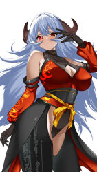 1girl absurdres black_gloves breasts detached_sleeves gloves grey_hair highres horns indy_k large_breasts long_hair looking_at_viewer original red_eyes solo white_background